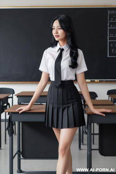 Woman, full body, standing, long black hair, wearing uniform, dark blue pleated skirt, short sleeved white shirt with tie, black wool vest, classroom - ai-porn.ai on pornintellect.com