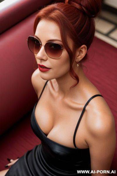 Hair bun, dark red hair, on the knees, from above, eye contact sunglasses, seductive face, hotel - ai-porn.ai on pornintellect.com