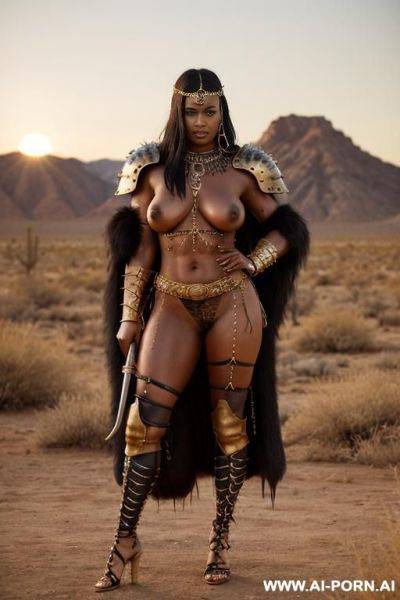 Dark black woman. barbarian queen, armor, pierced navel, rings, long nipples, large nipples, wet, oiled, piercings, nose stud, mature, bracer, veiny boobs, large areolas, (((oversized boobs))), anklet, - ai-porn.ai on pornintellect.com