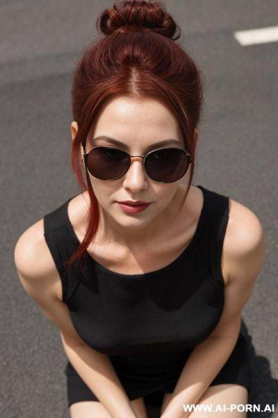 Hair bun, dark red hair, on the knees, from above, eye contact ,sunglasses - ai-porn.ai on pornintellect.com