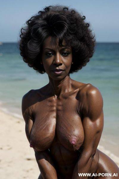 (((keep face))), tall woman, black ethnicity, (((mature grandmom))), aged cougar, bodybuilder, grey full fluffy hair in afro-look, (((very dark black skin))), massive boobs and huge muscles, hard - ai-porn.ai on pornintellect.com