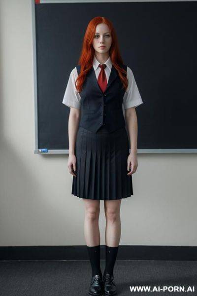 Woman, full body, standing, long red hair, sad look, with a lot of sadness on her face, wearing uniform, dark blue pleated skirt, white short sleeve shirt with tie, black wool vest, classroom - ai-porn.ai on pornintellect.com