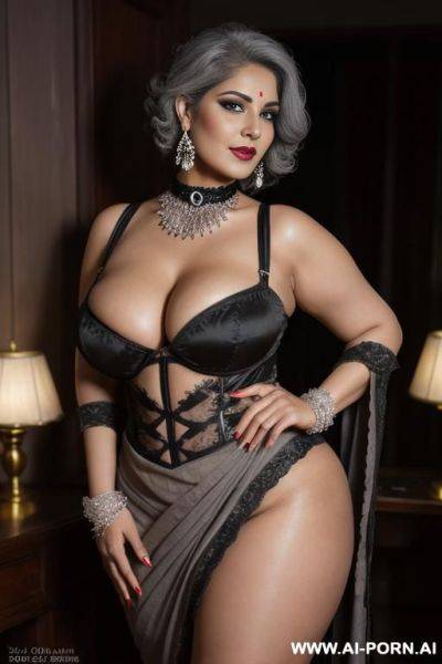 Granny sexbot, front view, close-up, standing upright, hands on hips, looking at viewer, seductive smile, beautiful, big lips, wide jaw, heavy makeup, hoop earrings, pink nails, tan, big firm - ai-porn.ai on pornintellect.com