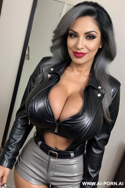 ((((latina milf)))) with ((((gigantic tits)))) and ((long hair)), (makeup) , ((tight black leather jacket)) (((tight black leather hotpants))) ((((selfie)))) ((grey hair)) - ai-porn.ai on pornintellect.com