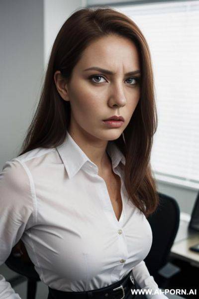 Office shirt, skirt, oval saggy titties, mad face - ai-porn.ai on pornintellect.com