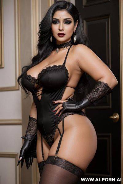Mature sexbot, front view, close-up, standing upright, hands on hips, looking at viewer, seductive smile, beautiful, big lips, wide jaw, heavy makeup, hoop earrings, pink nails, tan, big outer - ai-porn.ai on pornintellect.com
