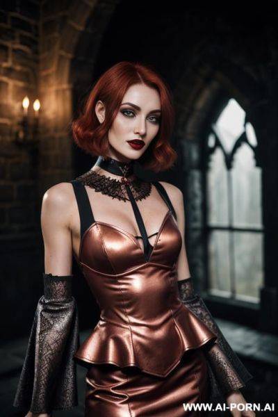 Confident lady vampire, scary badass vampire teeth, seductive wide smile smirk, deep forests old ruins, (hypnotic glow art, uv reactive), shining magic hazel eyes, sleeveless, natural ashen skin, - ai-porn.ai on pornintellect.com