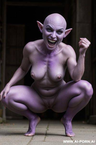 Demon woman,, large open mouth, purple skin, bald scaly head, goblin pointed ears, sharp teeth, pot belly, purple body, fat sexy face, goth - ai-porn.ai on pornintellect.com