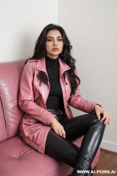 Latina, medium wavy hair, pretty, jacket, all pink - ai-porn.ai on pornintellect.com
