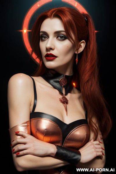 Red goth lady vampire, vampire fangs, wide lips, neon medieval cyberpunk tavern, (hypnotic glow art, uv reactive), shining magic, hazel eyes, sleeveless, ashen natural skin without makeup, high - ai-porn.ai on pornintellect.com