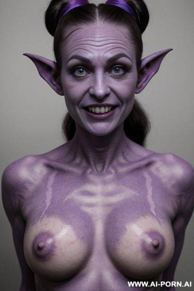 Purple skinned demon (goblin), pointed ears (goblin ears), big fangs (pointed teeth), goth, massive nipples (swollen nipples), skin (purple, veins, bony), bloated belly, round face, - ai-porn.ai on pornintellect.com