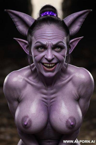 Purple skinned demon (cyclops), pointed ears (goblin ears), big fangs (pointed teeth), goth, massive nipples (swollen puffy nipples), skin (purple, veins, bony), bloated belly, round face (chubby cheeks), - ai-porn.ai on pornintellect.com