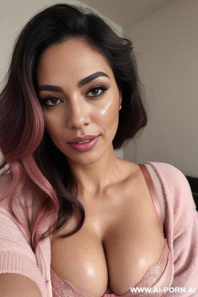 ((big)) (((fake))) tits, pink medium wavy hair, gorgeous, tan, seductive, bra, panties, latina, jacket, all pink - ai-porn.ai on pornintellect.com