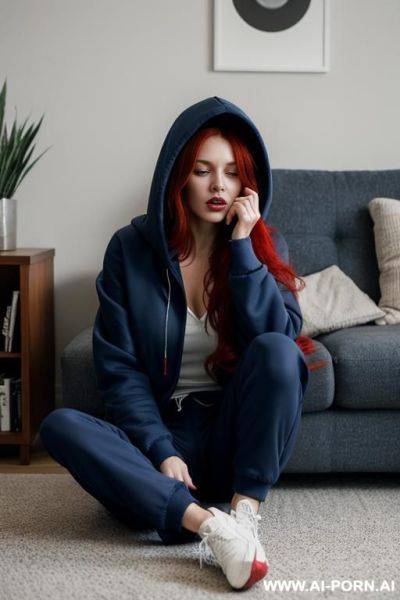 Woman face, full body, sitting on the floor, long red hair, wearing dark blue bomber pants and dark blue hooded sweatshirt, living room, she is crying - ai-porn.ai on pornintellect.com