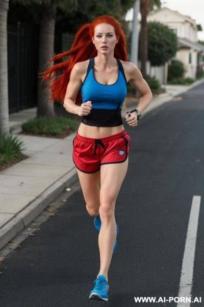 Woman, full body, standing, long red hair, wearing black gym shorts, tight blue tank top, running through neighborhood streets - ai-porn.ai on pornintellect.com