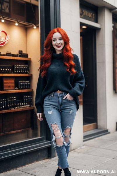 Young woman, full body, standing, long red hair, smile, wearing loose black sweater, ripped blue jeans, musical instrument store - ai-porn.ai on pornintellect.com