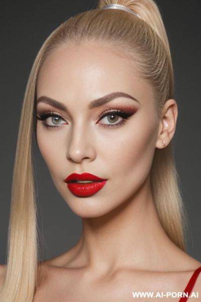 Woman, 3 years old, blonde, straight hair in a high ponytail, long face, high forehead, gray eyebrows, large painted eyes, thick long black eyelashes, straight beautiful nose, plump lips with red - ai-porn.ai on pornintellect.com
