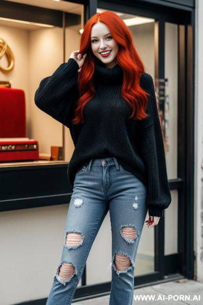 Woman, full body, standing, long red hair, smile, wearing loose black sweater, ripped blue jeans, musical instrument store - ai-porn.ai on pornintellect.com