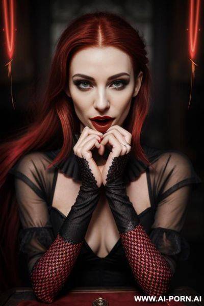 Red goth lady vampire, vampire fangs, wide mouth, neon medieval cyberpunk tavern, (hypnotic glow art, uv reactive), shining magic, hazel eyes, sleeveless, ashen natural skin without makeup, high - ai-porn.ai on pornintellect.com