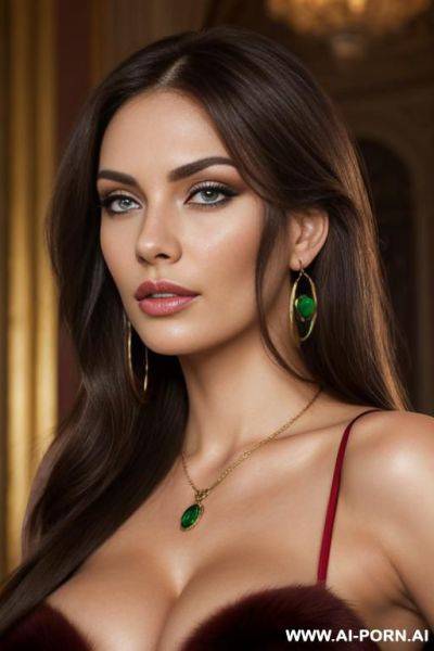 Ultra realistic hot busty woman brunette, red fur coat, hoop earrings, pendant, makeup, strong dark eyelines, eye contact, direct eye contact with viewer, photorealistic, high res, best quality, - ai-porn.ai on pornintellect.com