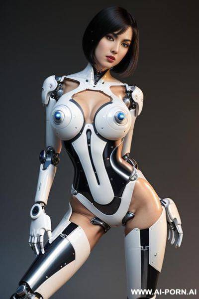 Beautiful realistic (( taur- schemale fully robotic meccanic body standing four legs)), detaleid face, skin in latex white plated color, covered to latex, to boots, to beautiful robotic hand hd image quality, ((no background)). - ai-porn.ai on pornintellect.com