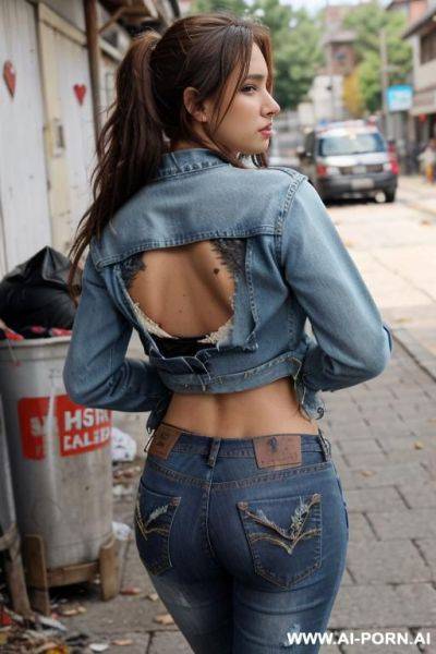 A woman is wearing worn out ripped pants and an old jeans jacket. a rip in her pants below the back pockets is visible. there are more rpis and holes in the jeans. a red heart patch - ai-porn.ai on pornintellect.com