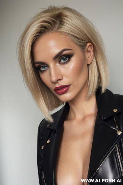 Horny bimbo, latex, supermodel, leather blazer, makeup, photorealism, tits out - ai-porn.ai on pornintellect.com