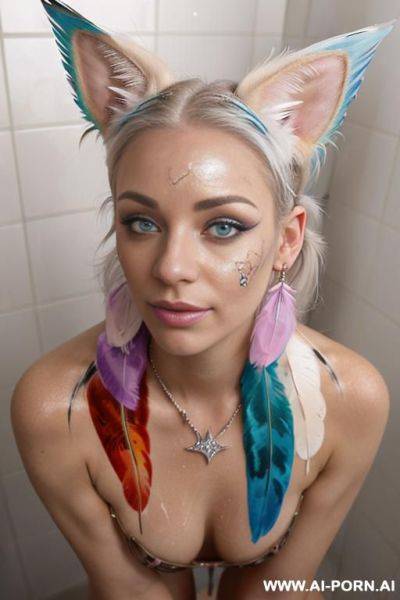 Face, sexy, beautiful, ((face painting)), ((body painting)), ((bikini as seashell)), ((roses)), ((eyes shw)), ((angel wings)), ((rainbow hair)), ((glitter)), ((long bu hair)), ((heterochromia eyes)), ((wind)), - ai-porn.ai on pornintellect.com