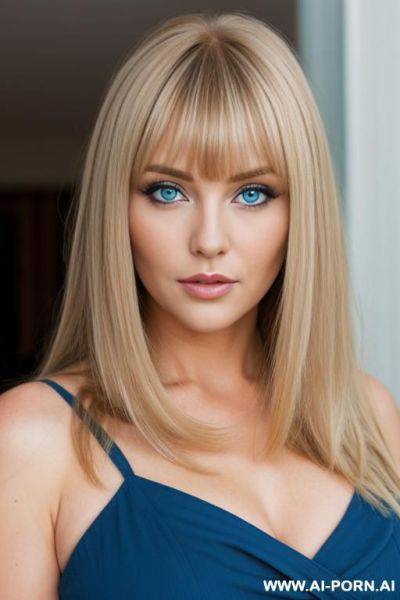 Chubby woman face, long dark blonde hair with bangs, big blue eyes - ai-porn.ai on pornintellect.com