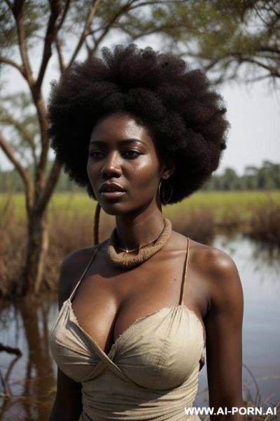 Full body depiction of an african woman, face , stand up, natural oval boobs, she has afro hair, with a cotton dress all dirty and torn. she looks tired, sad and exhausted. she is in - ai-porn.ai on pornintellect.com