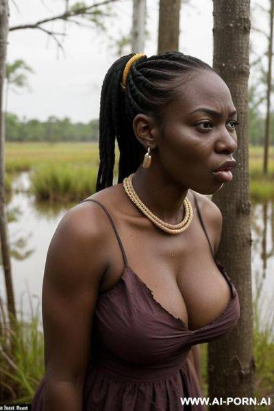 Full body depiction of an african woman, facing the camera, full body shot, kawaii face , stand up, natural oval boobs, with an all torn and dirty cotton dress, she looks tired, sad and - ai-porn.ai on pornintellect.com