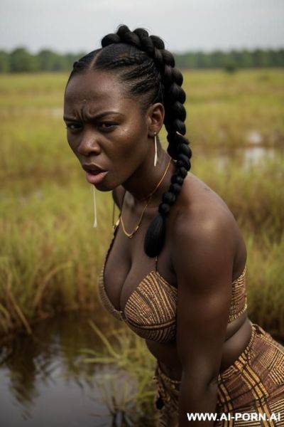 Full body depiction of an african woman, kawaii face , stand up, natural oval boobs, with an all torn and dirty cotton dress, she looks tired, sad and exhausted. she is in the middle of - ai-porn.ai on pornintellect.com