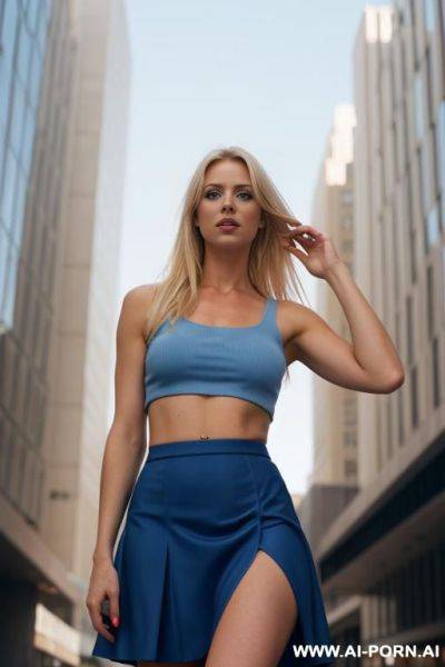 1 blonde with blue eyes. wearing sexy skirt. revealing croptop. full shot from below. face visible. no underwear. - ai-porn.ai on pornintellect.com