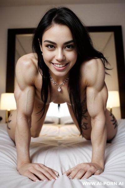 (stunningly pretty face), (puffy breasts), (necklace), (detailed face), (soft slutty smile), (((pallid skin, tattoos))), (tooth gap), (((fat emphasized muscles))), ((in a white bed)), ((posing with flexed biceps)) - ai-porn.ai on pornintellect.com