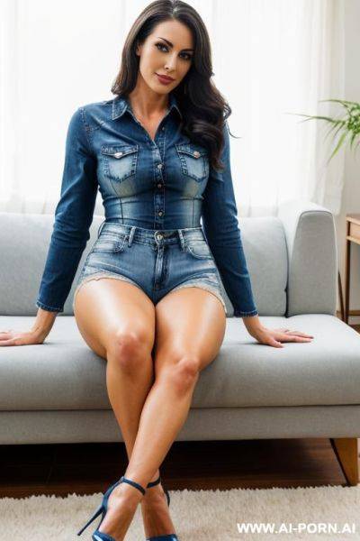 Suburban mom, tight denim shorts, sitting on the couch - ai-porn.ai on pornintellect.com