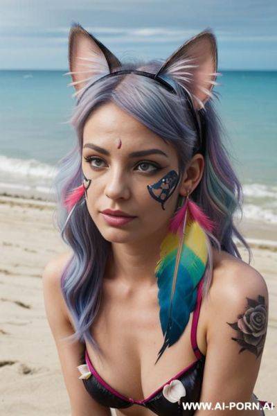 Face, sexy, beautiful, ((face painting)), ((bikini as seashell)), ((tattoo roses)), ((eyes shw)), ((angel wings)), ((rainbow hair)), ((long bu hair)), ((wind)), (( cat face)), (( cat ears)), (((feather - ai-porn.ai on pornintellect.com