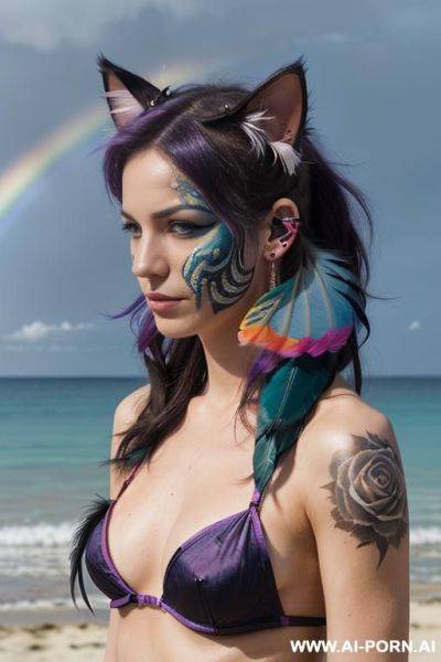 Face, sexy, beautiful, ((face painting)), ((bikini as seashell)), ((tattoo roses)), ((eyes shw)), ((angel wings)), ((rainbow hair)), ((long bu hair)), ((wind)), (( cat face)), (( cat ears)), (((feather - ai-porn.ai on pornintellect.com