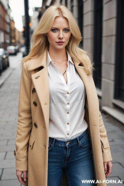 ((cloth blouse)), jeans, ((big natural boobs)), partially blonde hair, blue eyes, fully clothed, coat - ai-porn.ai on pornintellect.com
