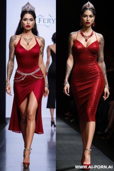 Group of several models (different origin), (different age), (different face expression), (different w), (tatoo firefly), walking in fashion show, ruby necklace, ruby earrings, one diamond tiara, high heel, long shot (full body) - ai-porn.ai on pornintellect.com