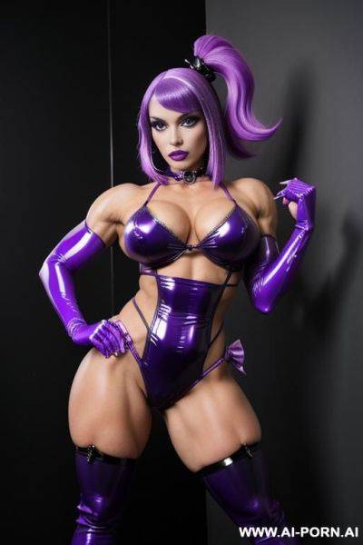 Bowtie, bow tie, latex, leather outfit, punky doll lingerie, purple, - ai-porn.ai on pornintellect.com