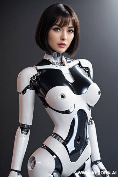 Beautiful realistic (( taur- schemale fully robotic meccanic body standing four legs)), detaleid face, total skin in latex white plated color, covered to latex, to boots, to beautiful robotic hand hd image quality, ((no background)). - ai-porn.ai on pornintellect.com