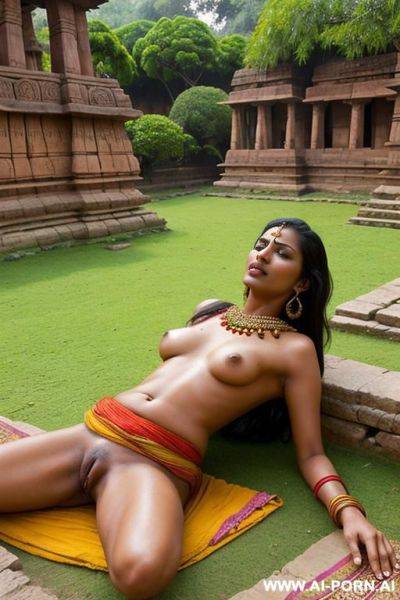 Ancient indian full naked female servant is lying on her belly in a colourful ancient indian garden by rainy weather - ai-porn.ai - India on pornintellect.com