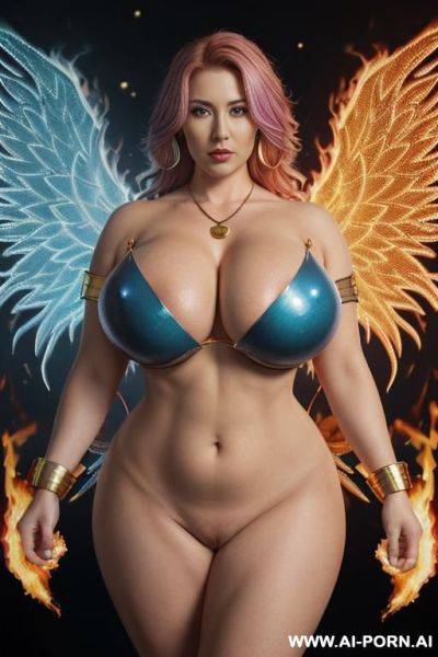 ((copwoman naked with multi-colored wings)), goddess of fire, huge multicolored bright stars around her (((massive boobs))), (((saggy saggy saggy gigantic boobs))), huge, enormously gigantic tits, - ai-porn.ai on pornintellect.com