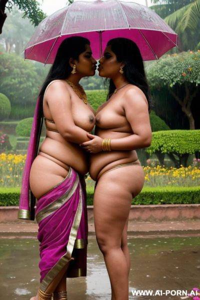 Medieval indian full naked chubby lesbian female servants with shaved vaginas kissing in a colourful indian garden in rainy weather - ai-porn.ai - India on pornintellect.com