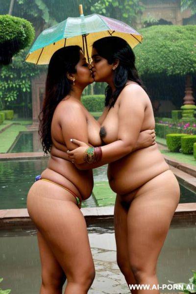 Medieval indian full naked chubby lesbian female servants with shaved vaginas kissing in a colourful indian garden invthe rain - ai-porn.ai - India on pornintellect.com