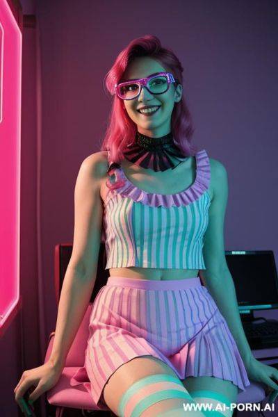 [peppermint] lady vampire, neon, ies cyberpunk, (glow art, uv reactive), shining magic, ashen natural skin without makeup, high contrast shades, hard light, sleeveless patterned meshed top, detailed - ai-porn.ai on pornintellect.com