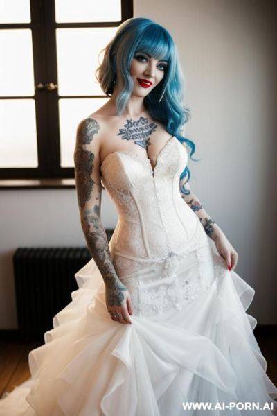 Wedding dress, blue hair, tattoos, happy, joyful, red high heels - ai-porn.ai on pornintellect.com