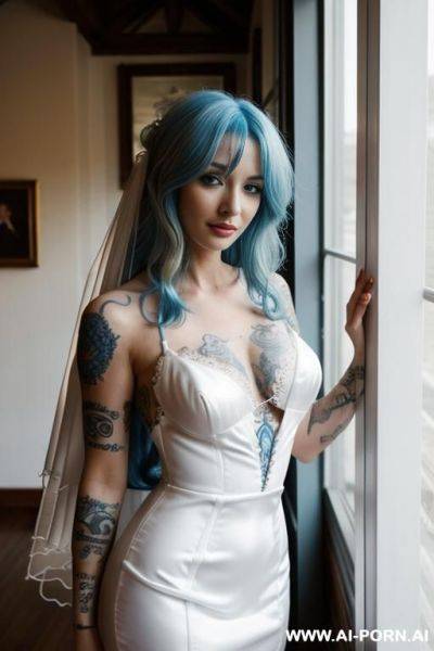 Wedding dress, blue hair, tattoos, happy, - ai-porn.ai on pornintellect.com