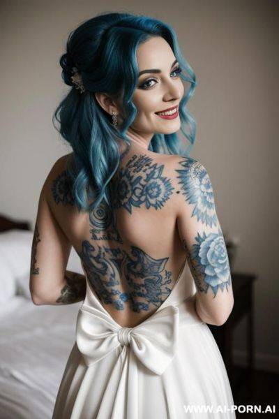 Wedding dress, blue hair, tattoos, happy, joyful, - ai-porn.ai on pornintellect.com