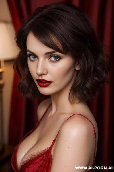 Brunette wearing red dress with lipstick ready for sex - ai-porn.ai on pornintellect.com